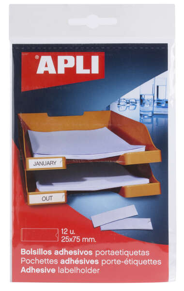 Apli Bolsillos Adhesivos para Etiquetas - Tamaño 25x75mm - Cambia la Informacion de la Etiqueta Segun tus Necesidades - Contiene 12 Bolsillos por Bolsa