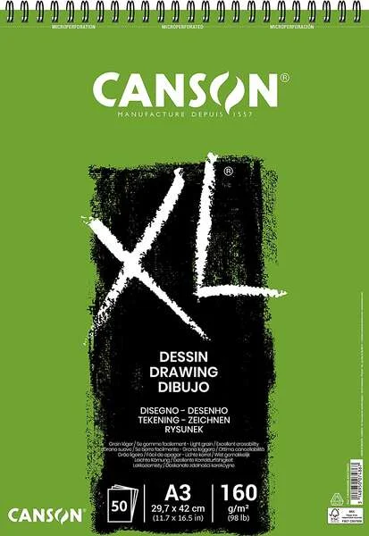 Canson XL Dessin Ligero Bloc de Dibujo con 50 Hojas A3 - Espiral Microperforado - 29.7x42cm - 160g - Color Blanco