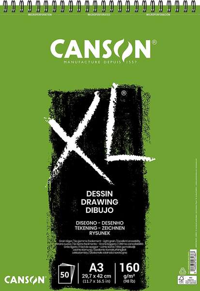 Canson XL Dessin Ligero Bloc de Dibujo con 50 Hojas A3 - Espiral Microperforado - 29.7x42cm - 160g - Color Blanco