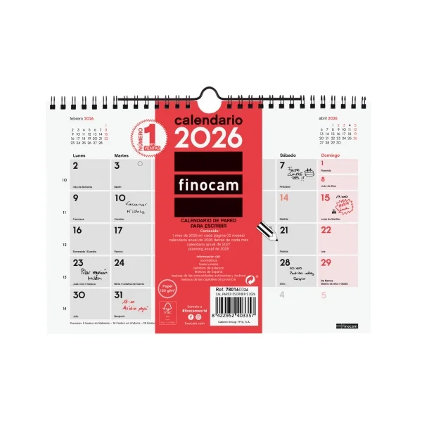 Finocam Calendario de Pared - Anual 2026 - 210x5x160mm - Espacio para Escribir - Color Blanco y Rojo