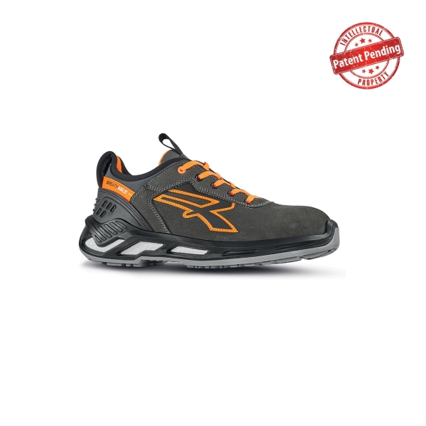 Upower Duke S ESD Calzado de Seguridad Bajos - Talla 35 - Piel Nobuck Hidrorepelente, Puntera de Aluminio, Suela Antideslizante, Escudo Anti-Impactos, Proteccion S3S CI FO SR - Color Gris Oscuro/Naranja