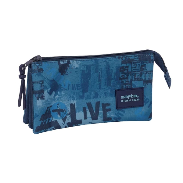 Safta New Edition Portatodo - 3 Compartimentos con Cremalleras - Bolsillo Interior - 0.6L - 220x30x120mm - Color Azul