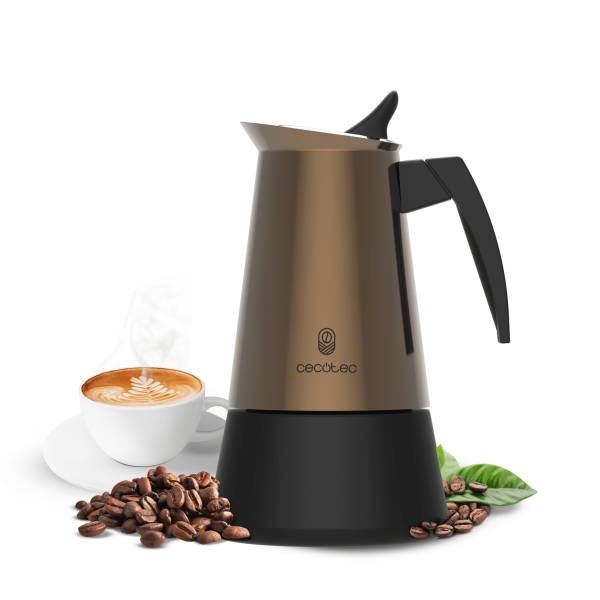 Cecotec Piccolina 200 Cafetera Italiana para 2 Tazas - Acero Inoxidable - Apta para Gas, Electrica y Vitro - Mango Ergonomico - Valvula de Seguridad Integrada - Color Marron Metalizado