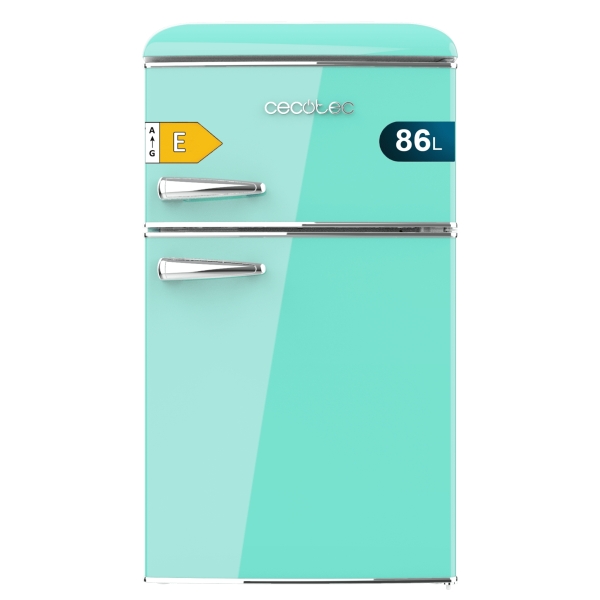 Cecotec Bolero CoolMarket 2D Origin 86 Green E Mini Frigorifico de Dos Puertas de 86L - Luz LED - Estilo Retro - Tirador Cromado - Cajon para Vegetales - 48.7x59.2x89.3cm - Color Menta