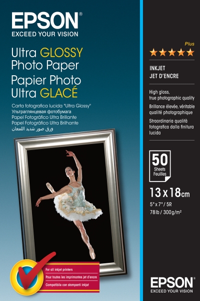 Epson Ultra Glossy Photo Pack de 50 Hojas de Papel Fotografico - 13x18cm - Gramaje de 300g/m2 - Acabado Brillante - Compatible con Impresoras Inkjet - Color Blanco