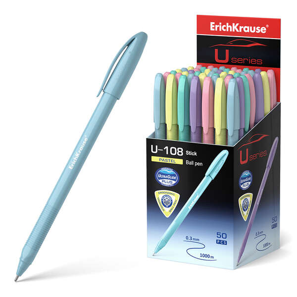 Erichkrause Boligrafo U-108 Pastel Stick 1.0 - Ultra Glide Technology - Tinta Azul · Pack de 50 uds.