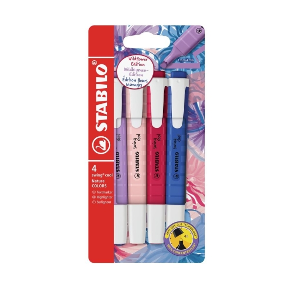 Stabilo Swing Cool Naturecolors Wildflower Pack con 4 Marcadores - Cuerpo Plano - Punta Biselada - Trazo entre 1 y 4mm - Tinta con Base de Agua - Antisecado - Colores Surtidos