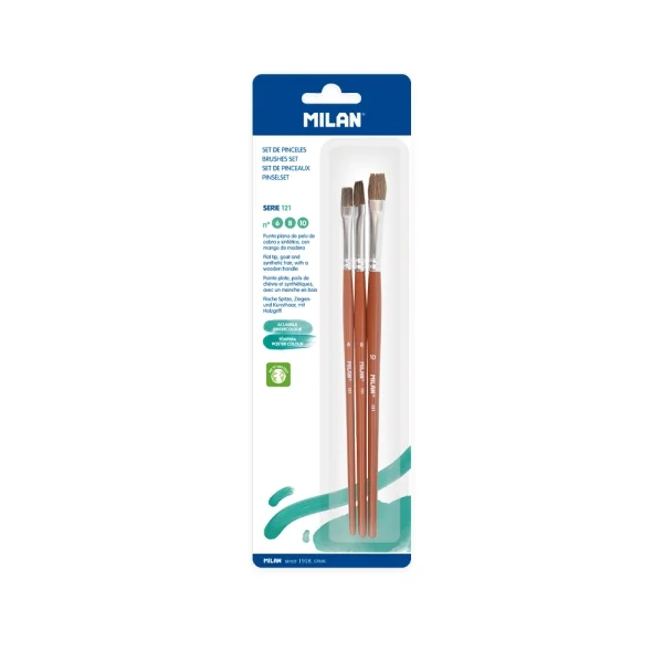 Milan 121 Pack de 3 Pinceles Planos - Formatos Surtidos - Color Madera Oscuro