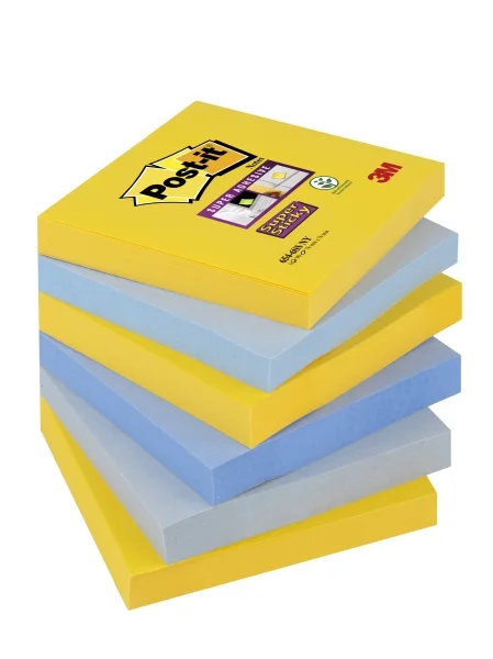 Post-It Super Sticky Pack de 6 Blocs de 90 Notas Adhesivas Reposicionables - Forma Cuadrada - 76x76mm - Colores Surtidos