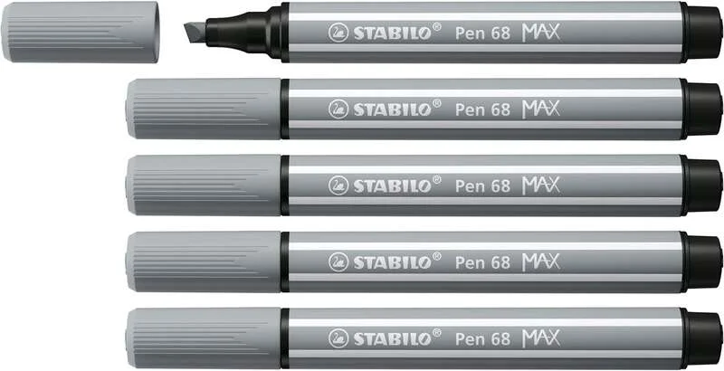 Stabilo Pen 68 MAX Rotulador - Punta de Fibra Biselada - Trazo entre 1-5mm aprox. - Tinta a Base de Agua - Color Gris · Pack de 5 uds.