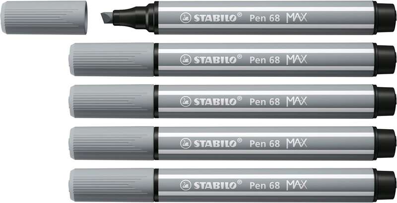 Stabilo Pen 68 MAX Rotulador - Punta de Fibra Biselada - Trazo entre 1-5mm aprox. - Tinta a Base de Agua - Color Gris · Pack de 5 uds.