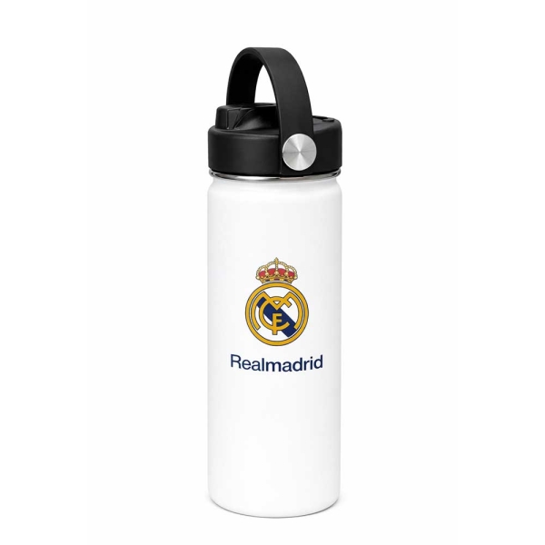 Safta Real Madrid Botella Isotermica - Capacidad 530ml - Pajita Interior - Revestimiento Interior de Cobre - Tapa Antifugas - 12h Caliente - 24h Frio - Color Blanco y Negro