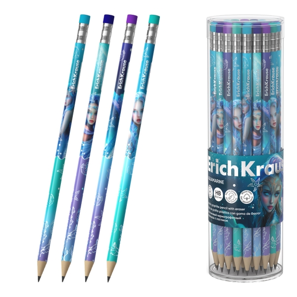 ErichKrause Aquamarine Lapiz de Grafito con Goma de Borrar - Mina HB - Cuerpo Redondo - Plastico - Agarre Ergonomico - Colores Surtidos · Pack de 42 uds.