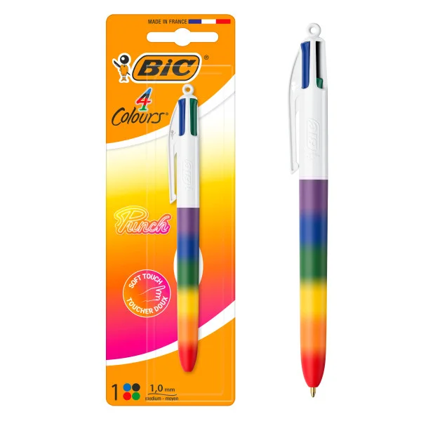 Bic 4 Colours Rainbow Punch Boligrafo de Bola Retractil - Punta Media de 1.0mm - Tinta con Base de Aceite - Cuerpo en Varios Colores - 4 Colores de Tinta