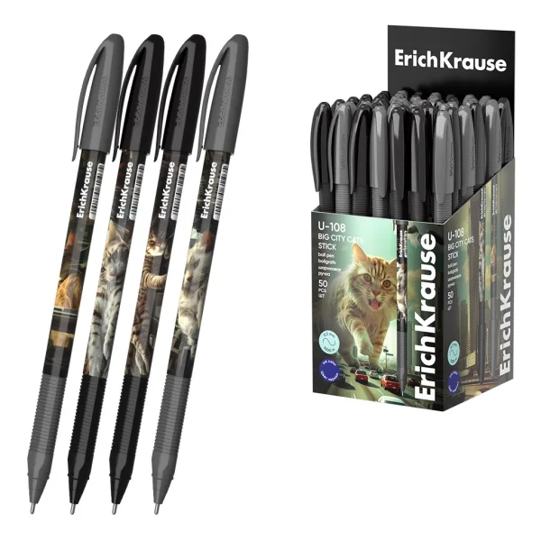 ErichKrause U-108 Stick Big City Cats Boligrafo con Capuchon - Modelos Surtidos - Trazo 0.3mm - Tinta de Baja Viscosidad - Tapa Ventilada - Color Azul · Pack de 50 uds.