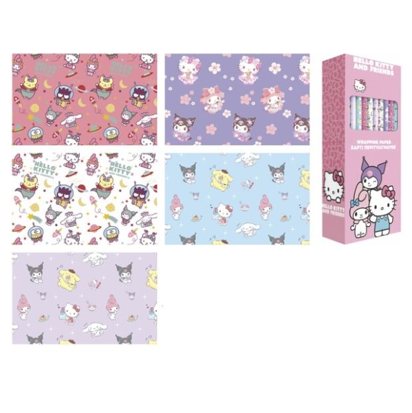 Safta Hello Kitty and Friends Expositor con 50 Rollos de Papel Regalo - Medidas del Rollo 70x200cm - 5 Patrones Diferentes - 30.5x71x15.5cm - Colores Surtidos