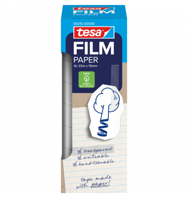 Tesa Paper Pack de 8 Cintas Adhesivas de Papel 19mm x 33 Metros - Casi Invisible en Superficies de Color Claro - Se puede Cortar con la Mano y Escribir sobre ella - Papel Certificado FSC®
