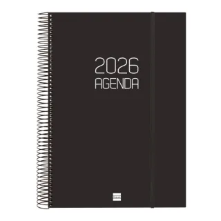 Finocam Opaque Agenda de Espiral - Anual 2026 - Tapa Ligera - Cierre con Goma Elastica - Formato E40 - 230x29x297mm - 1 Dia por Pagina - Color Negro