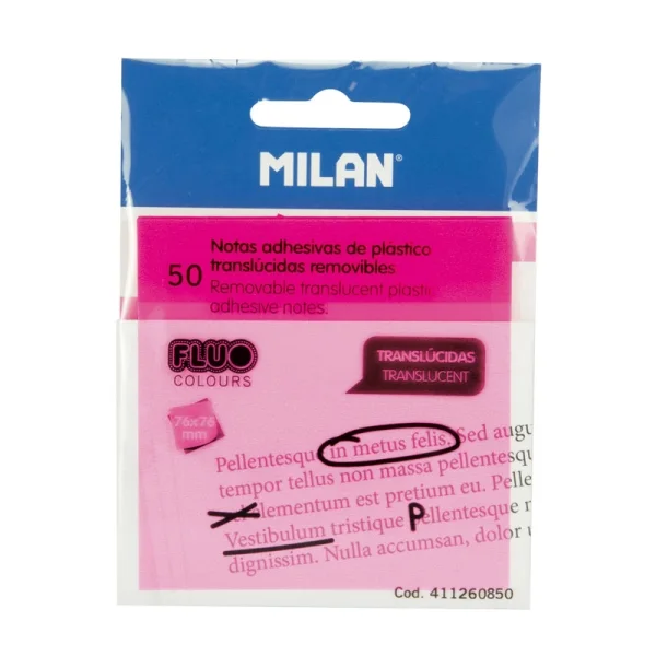 Milan Fluo Pack de 50 Notas Adhesivas - Translucidas - Removibles - 76x76mm - Color Rosa