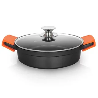 Orbegozo CDB Cacerola Baja Serie 2.8L - Aluminio Fundido Indeformable - Asas de Silicona - Tapa de Cristal Templado - Antiadherente Pfoa - Apta para Todo Tipo de Fuegos Segura - Practica y V