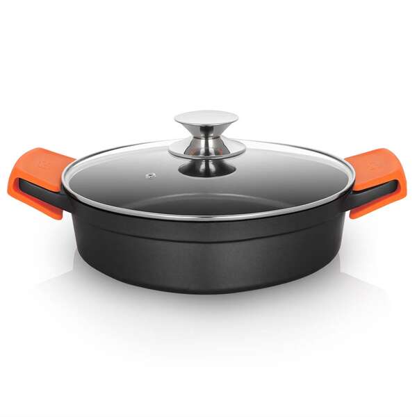 Orbegozo CDB Cacerola Baja Serie 2.8L - Aluminio Fundido Indeformable - Asas de Silicona - Tapa de Cristal Templado - Antiadherente Pfoa - Apta para Todo Tipo de Fuegos Segura - Practica y V