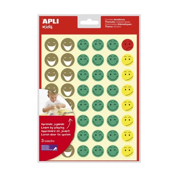 Apli Bolsa de 144 Gomets Cara Feliz - Adhesivo Removible - 4 Estilos de Caras - Fomenta Motivacion y Expresion - Alta Calidad y Seguridad - Colores Surtidos