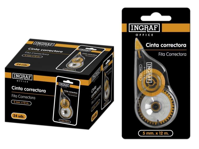 Ingraf Cinta Correctora en Seco 5mmx12m - Correccion Rapida y Limpia - Escritura Inmediata · Pack de 24 uds.