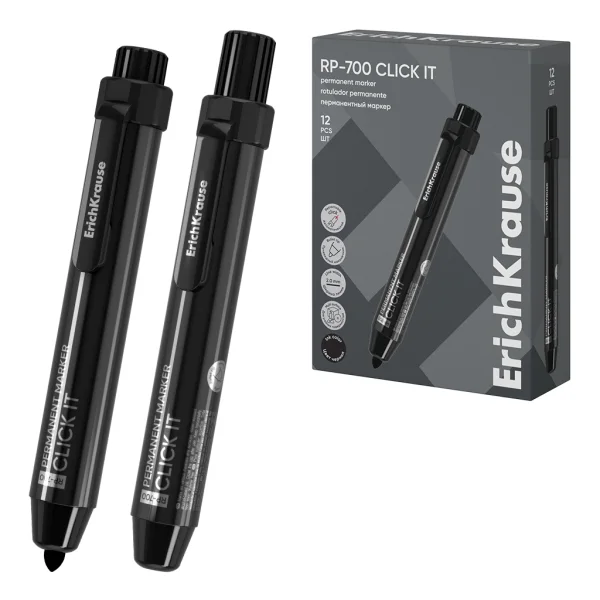 ErichKrause RP-700 Click it Rotulador Permanente - Sistema Retractil - Punta Conica - Trazo de 2.0mm - Resistente al Agua y a la Luz - Multisuperficie - Tinta a Base de Alcohol - Color Negro · Pack de 12 uds.