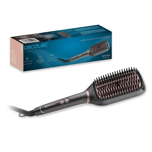 Cecotec Bamba InstantCare SquareBrush Cepillo Alisador - Revestimiento Ceramico - Temperatura Ajustable - Tecnologia de Iones - Autoapagado a los 45min - Cable Giratorio 360º - Indicador LED