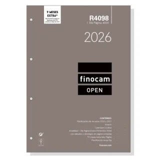 Finocam R4098 Recambio Anual 2026 para Agendas Open 2026 - Formato A4 - 210x17x297mm - 1 Dia por Pagina - Color Blanco