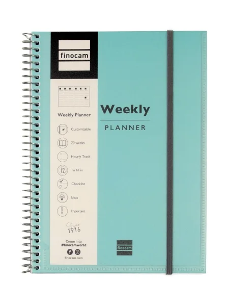 Finocam My Time Agenda sin Fechar - Semana Vista Vertical - Formato E10 - 155x212mm - Tapas de Polipropileno - Papel de 80g/m2 - Espiral de Plastico - Cierre con Goma - Color Turquesa