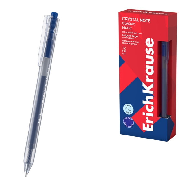ErichKrause Crystal Note Matic Classic Boligrafo Retractil - Punta de 0.5mm - Trazo 0.4mm - Color Azul · Pack de 12 uds.