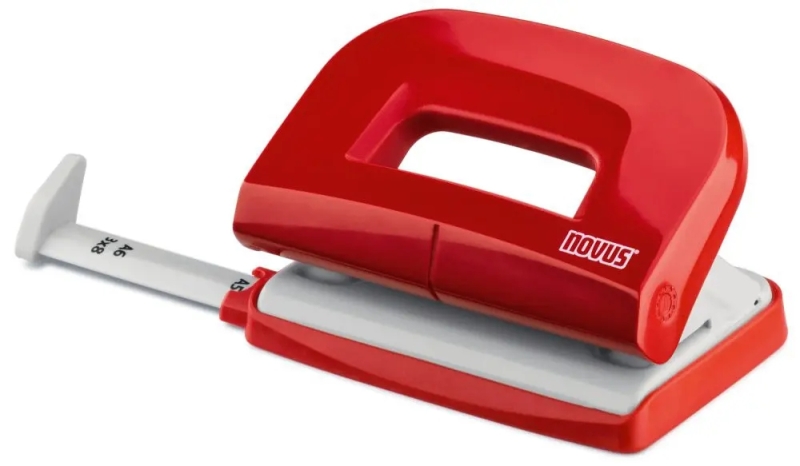 Novus E210 Perforadora Pequeña de Papel - Hasta 10 Hojas - Guia de Posicionamiento - Punzones 5.5mm - Color Rojo