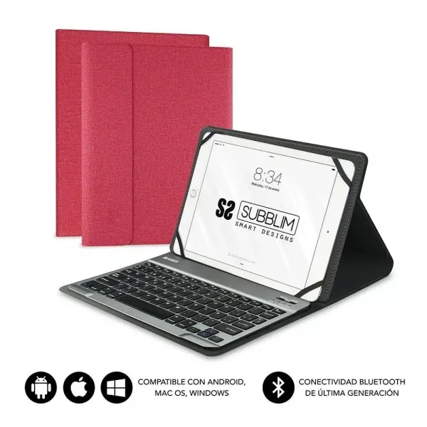 Subblim Teclado Bluetooth extraíble - Funda universal 9-10.1" - Diseño ultradelgado - Soporte ajustable - Acceso a todas las funciones - Sistema magnético - Resistente y adaptable - Inalámbrico - Bluetooth - Color Rojo