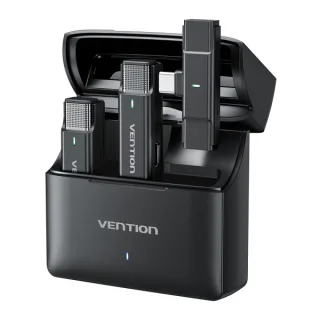 Vention Levalier Microfono Clip Inalambrico USB-C - Cancelacion de Ruido Avanzada - Bateria 30h - Rango 300m - Color Negro