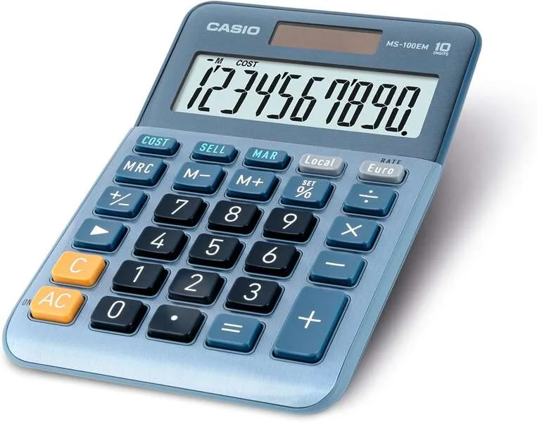 Casio MS-100EM Calculadora de Sobremesa Pequeña - Pantalla LCD de 10 Digitos - Alimentacion Solar y Pilas - Color Azul