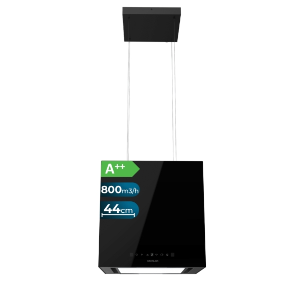 Cecotec Bolero Flux CCT 448000 Glass Black A++ Campana Extractora Colgante de 44cm - 210W - Succion 800m3/h - Luz LED - Pantalla LED - Incluye Accesorios - Filtros de Carbono Incluidos - Col