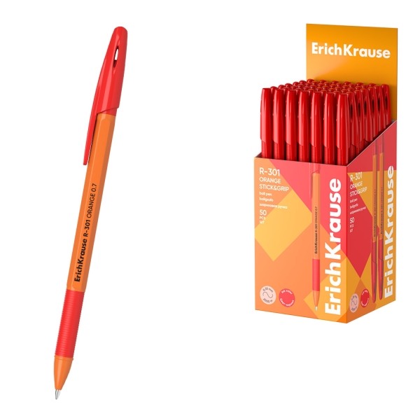 ErichKrause R-301 Stick and Grip Orange Boligrafo con Capuchon - Punta de 0.7mm - Cuerpo Opaco Naranja - Trazo 0.35mm - Zona de Agarre de Goma - Color Rojo · Pack de 50 uds.