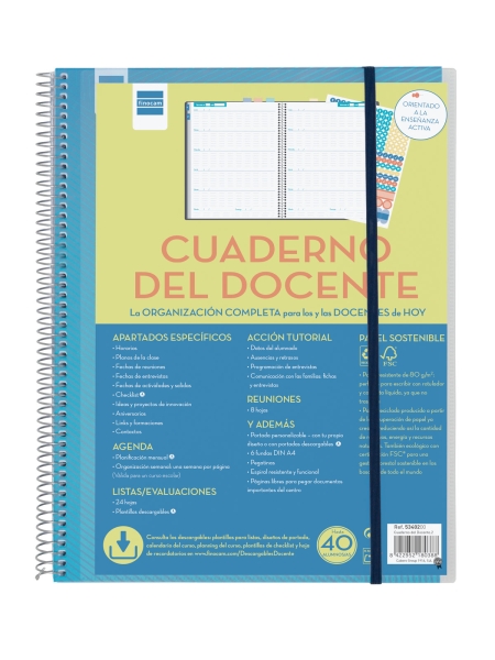 Finocam Organizacion Agenda sin Fechar para Docentes - Semana Vista - 230x310mm - Tapas de Polipropileno - Papel de 80g/m2 - Espiral de Plastico - Adhesivos Tematicos - Color Azul