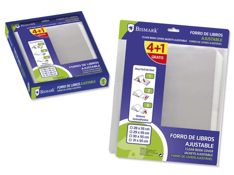 Bismark Pack de 5 Forros para Libros 300mm de Polipropileno - Solapa Ajustable - Facil Forrado en 3 Pasos - Sin Necesidad de Cortar ni Usar Cinta Adhesiva - Transparente
