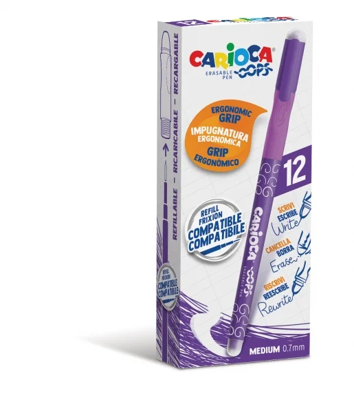 Carioca Oops Boligrafos Borrables - Tinta Termo Sensible - Empuñadura Ergonomica Triangular - Punta de Ø 0.7mm - Doble Goma - Color Morado · Pack de 12 uds.