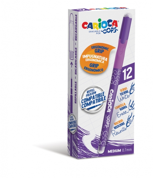 Carioca Oops Boligrafos Borrables - Tinta Termo Sensible - Empuñadura Ergonomica Triangular - Punta de Ø 0.7mm - Doble Goma - Color Morado · Pack de 12 uds.