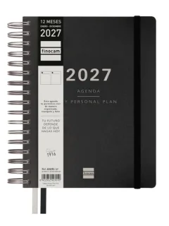 Finocam Tempus Agenda - Anual 2027 - 1 Dia por Pagina - 155x217mm - Espiral Doble - Tapa Extradura de Polipropileno - 2 Cintas Marcapaginas - Papel Crema de 80g/m2 - Color Negro