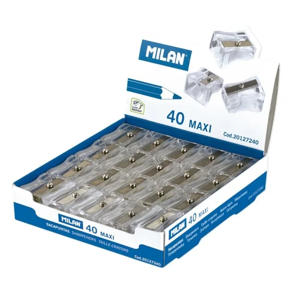 Milan Maxi Sacapuntas de 1 Orificio - Cuchilla de Acero al Carbono - Transparente · Pack de 40 uds.