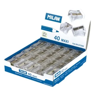 Milan Maxi Sacapuntas de 1 Orificio - Cuchilla de Acero al Carbono - Transparente · Pack de 40 uds.
