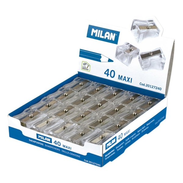 Milan Maxi Sacapuntas de 1 Orificio - Cuchilla de Acero al Carbono - Transparente · Pack de 40 uds.
