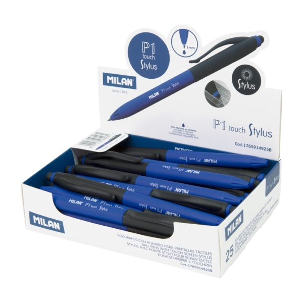 Milan P1 Stylus Expositor con 25 Boligrafos de Bola Retractiles - Tinta Azul - Punta Redonda 1mm - Color Azul