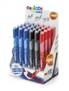 Carioca Oops Expositor de 24 Boligrafos Borrables - Tinta Termo Sensible - Empuñadura Ergonomica Triangular - Punta de Ø 0.7mm - Doble Goma - Recambios Compatibles - Colores Surtidos