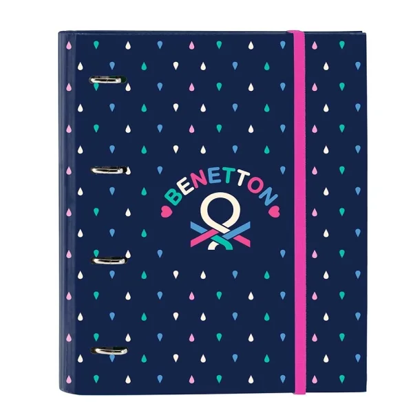 Safta Benetton Drop Carpeta con 4 Anillas 35mm - Tapas Duras Forradas - Recambio 100 Hojas - Cuadriculas 5x5mm - Cierre Elastico - Incluye Separadores - 270x35x320mm - Color Azul Oscuro