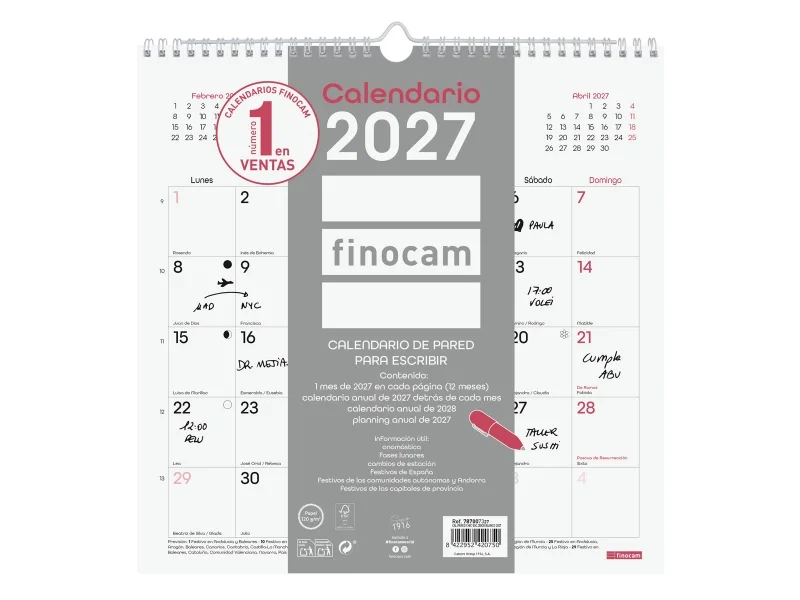 Finocam Chic Calendario de Pared - Anual 2027 - Mes Vista - 300x300mm - Espiral Doble - Papel de 120g/m2 - Espacio para Escribir - Color Blanco
